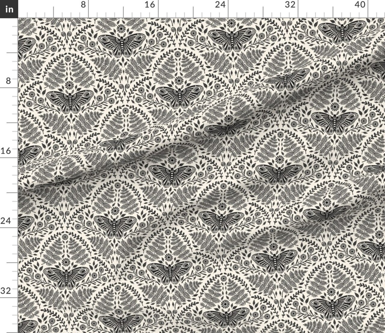 Dark Boho Witchy Moody Luna Moth Floral Woodland Forest Whimsical Whimsigoth Cottagecore Witchcraft Bohemian Eclectic Damask Hand Drawn Woods Custom Printed Fabric by Spoonflower Various Fabrics by the Yard or Fat Quarter